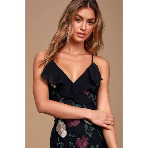 Lulus True to Heart Floral Embroidered Sheer Maxi Dress Black Tiered Ruffle Sm - Picture 4 of 16